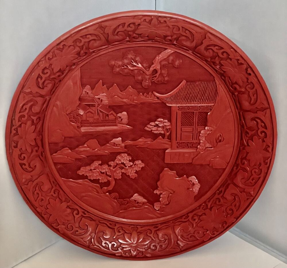 Chinese Hand-Carved Lacquer Red Cinnabar Resin Brass Mounted Plate-Palace Scene